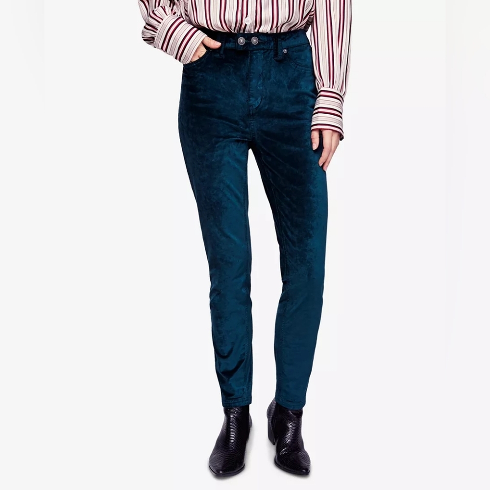 We The Free Sweet Jane Velvet Skinny Jeans Pants Macy Teal Blue 27 Free People